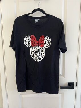 Bella Canvas Black Tee with White Minnie Silhouette and Red Bow